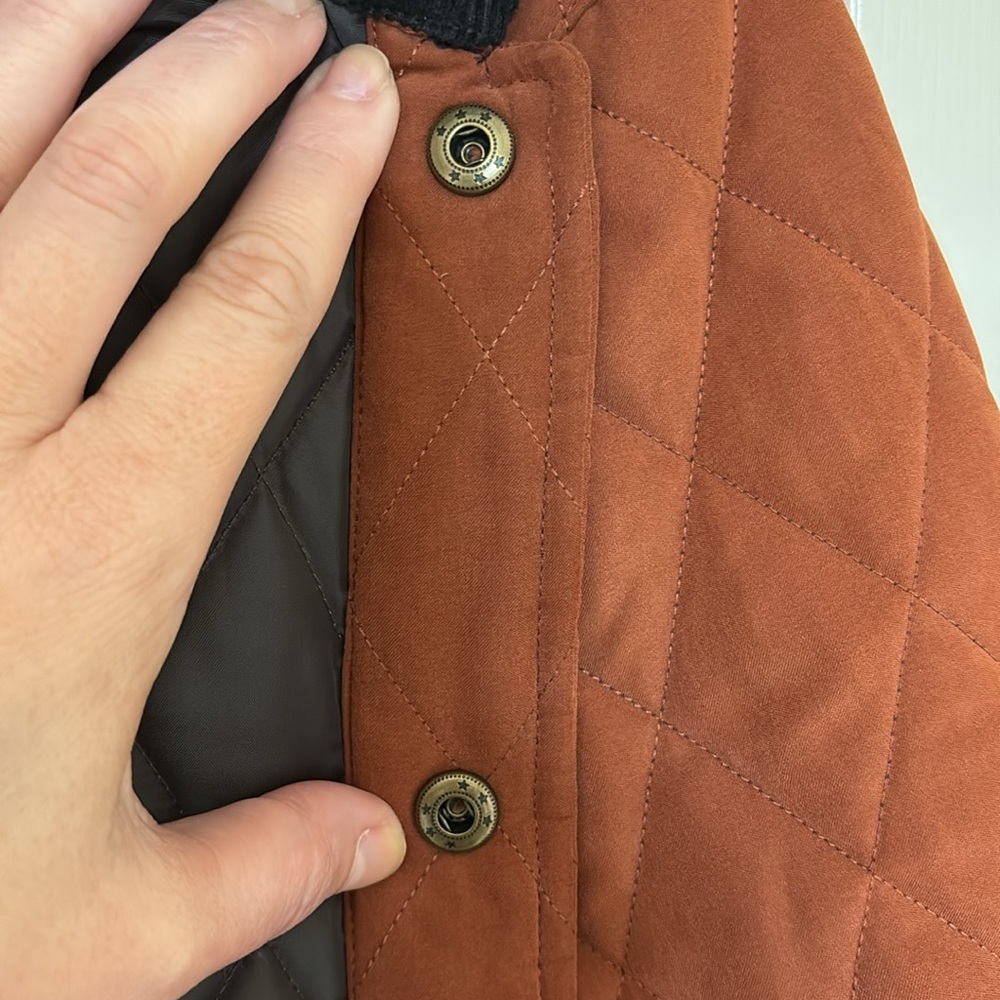 J Peterman Quilted Barn Jacket Brown Women’s M Corduroy Collar Button Front - Picture 11 of 15